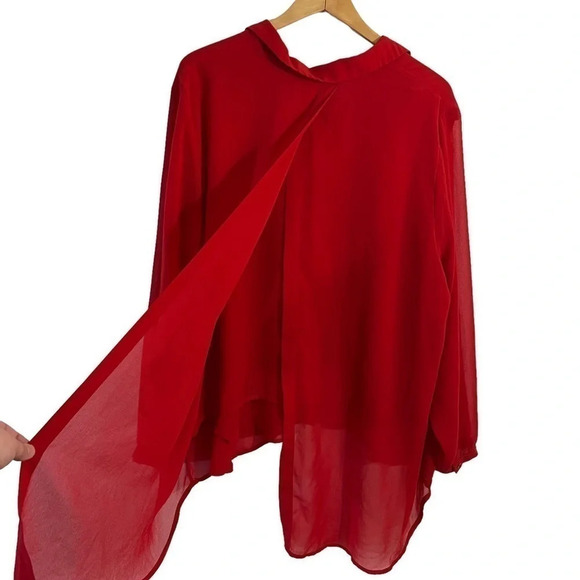 Fashion to Figure Red Chiffon Blouse 3X Hi Low Long Sleeves Sheer Slit Backside - Picture 5 of 9